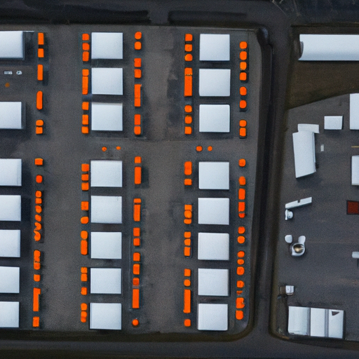 מבט אווירי של אתר חברת לוגיסטיקה המציג מספר אוהלי בנייה המשמשים לאחסון.