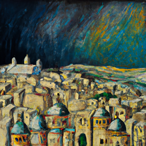 ציור היסטורי המציג את העיר העתיקה של ירושלים בתנאי מזג אוויר שונים, המדגים את האקלים המשתנה של העיר.