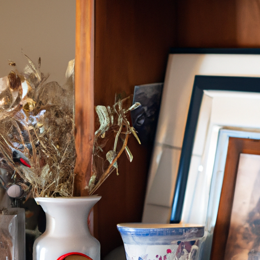 7. תמונה המציגה את הפרטים הקטנים בסלון כפרי - אגרטל פרחים מיובשים על שולחן צד מעץ, תמונות משפחתיות ממוסגרות על הקיר ואוסף כלים מקרמיקה על מדף.