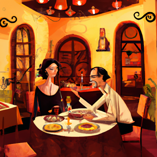 3. ארוחת ערב רומנטית לאור נרות במסעדת Oaxacan מקסימה, עם זוג מעורב עמוק בשיחה.