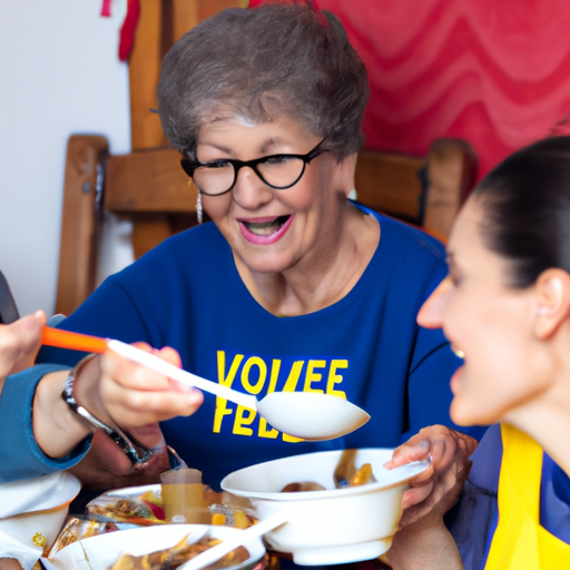 1. קשישה חולקת בשמחה ארוחה עם מתנדבים צעירים בביתה.